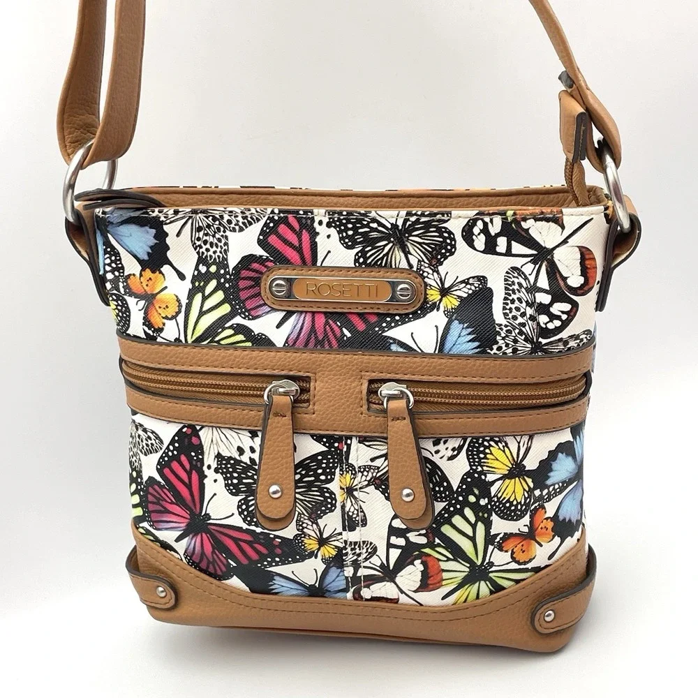 Rosetti Butterfly Print Crossbody Purse Tan Faux Leather Shoulder Bag 8